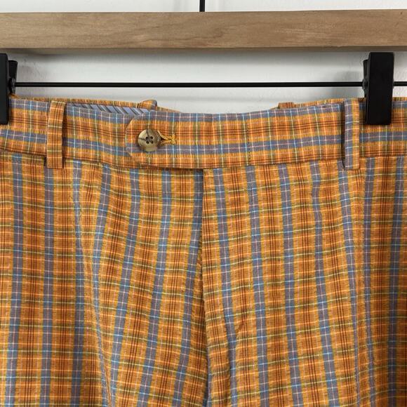 Peter Millar Men Shorts 38 Orange Blue Plaid Golf Cotton Flat Front Casual - Picture 9 of 10